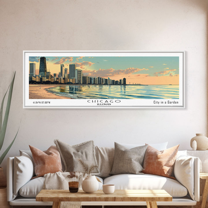 Chicago Florida Panoramic Painting, Mid Century Modern Framed Canvas Print, Retro Pop Art Travel Poster, Living Room Wall Art, City Art