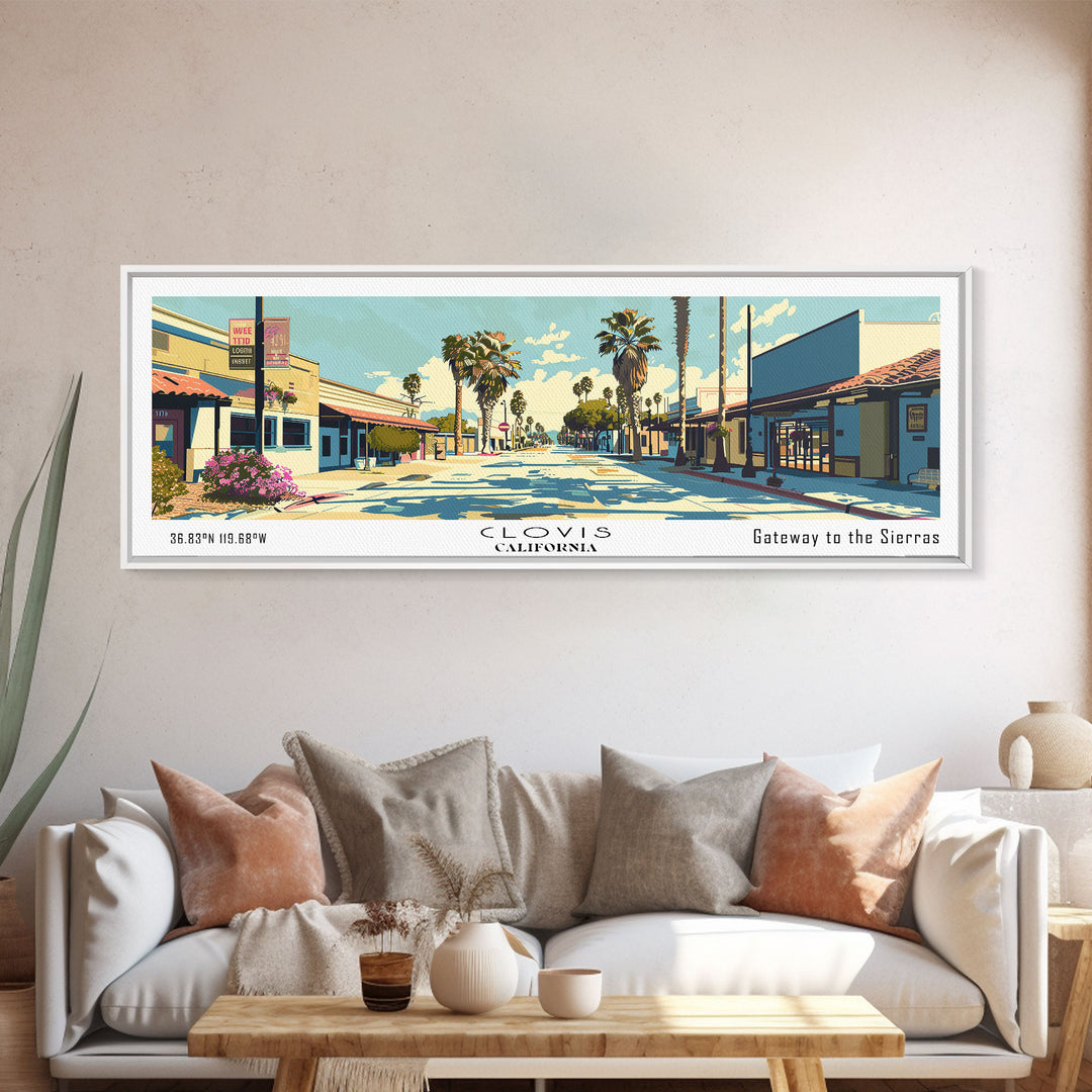Clovis California Panoramic Wall Art, Mid Century Modern Framed Canvas Print, Retro Pop Art Travel Poster, City Office Decor, Home Art