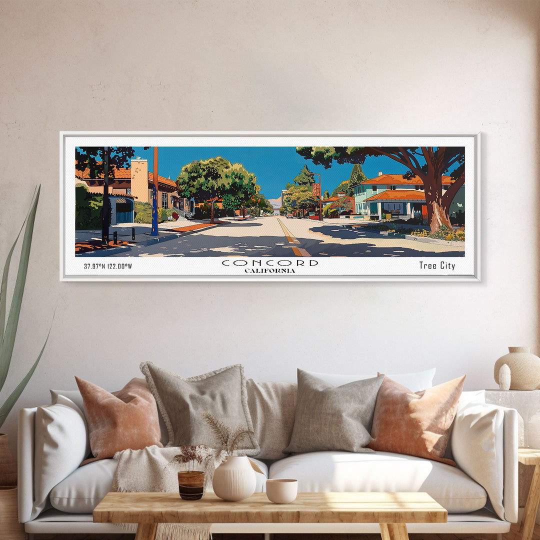 Concord California Panoramic Painting, Mid Century Modern Framed Canvas Print, Retro Pop Art Travel Poster, City Wall Decor, Office Decor