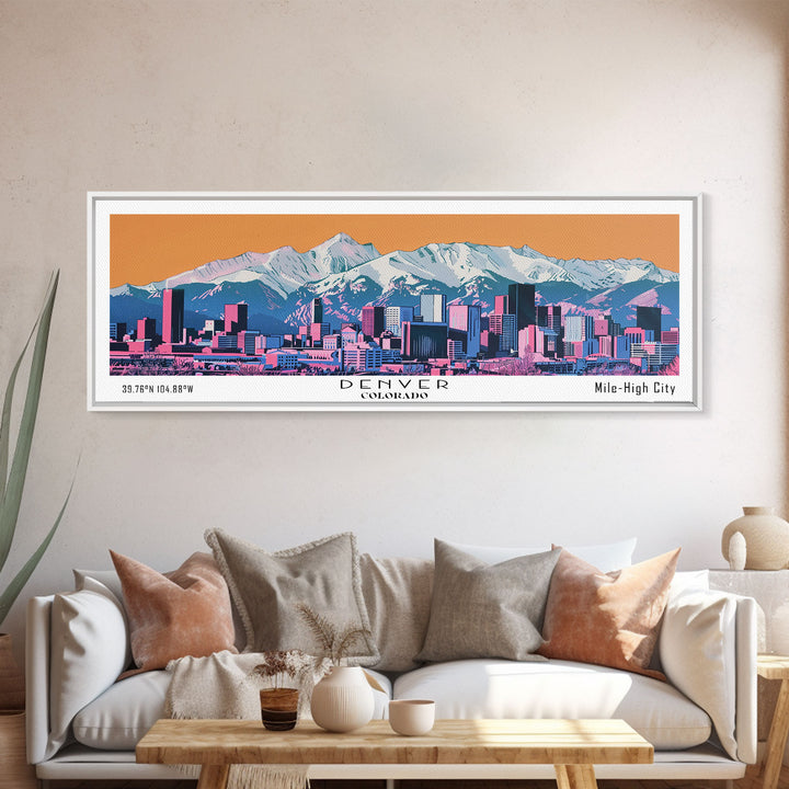 Denver Colorado Panoramic Wall Art, Mid Century Modern Framed Canvas Print, Retro Pop Art Travel Poster, City Living Room Art, Office Decor