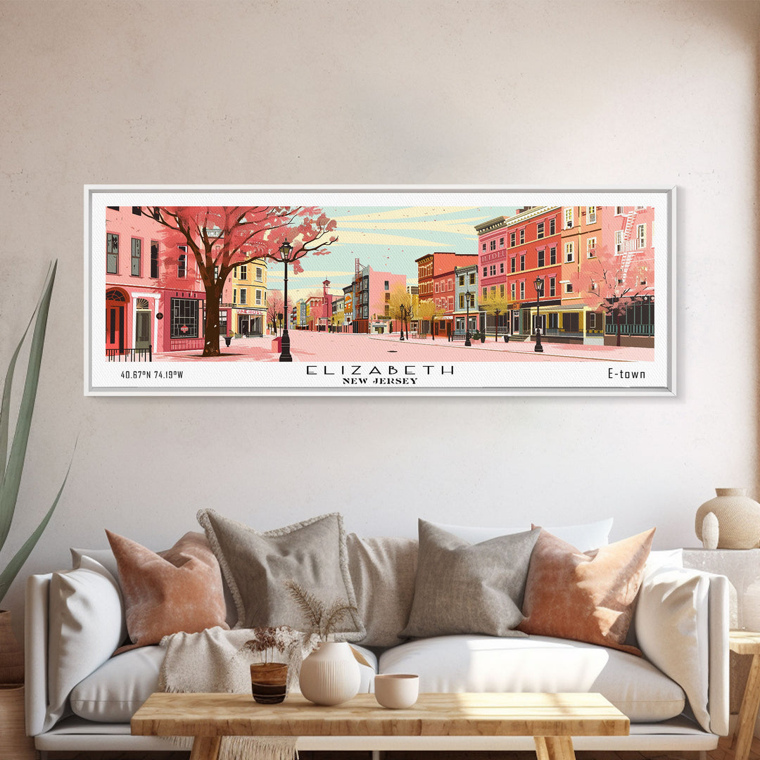 Elizabeth New Jersey Panoramic Wall Art, Mid Century Modern Framed Canvas Print, Retro Pop Art Travel Poster, City Home Decor, Office Art