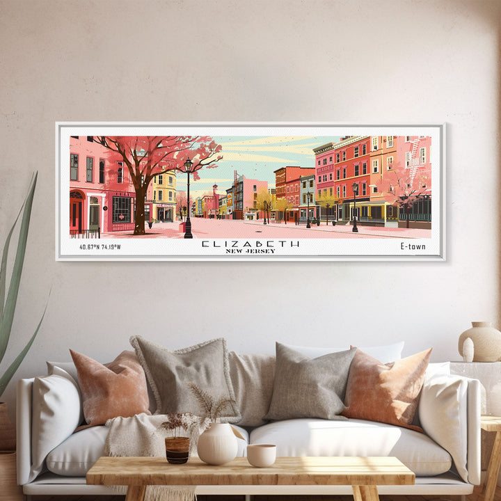 Elizabeth New Jersey Panoramic Wall Art, Mid Century Modern Framed Canvas Print, Retro Pop Art Travel Poster, City Home Decor, Office Art
