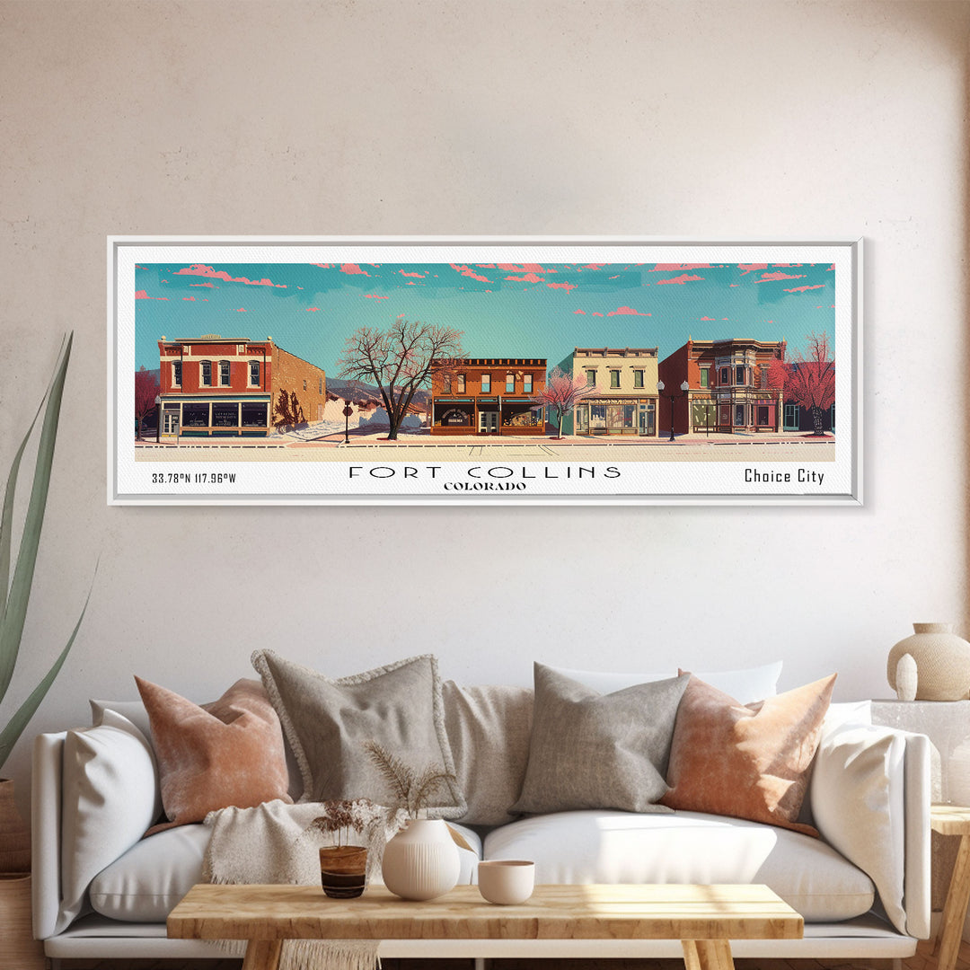Fort Collins Colorado Panoramic Painting, Mid Century Modern Framed Canvas Print, Retro Pop Art Travel Poster, Office Wall Decor