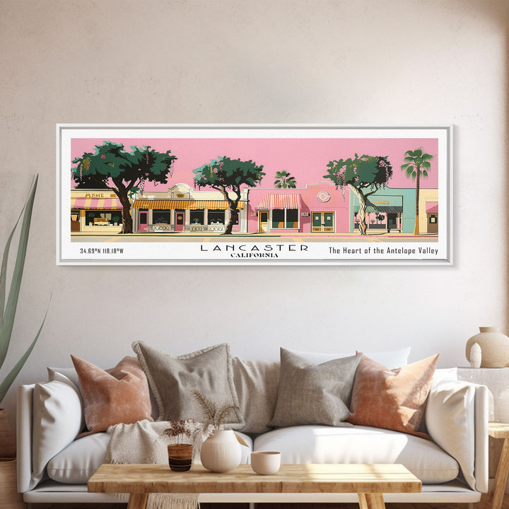 Lancaster California Panoramic Painting, Mid Century Modern Framed Canvas Print, Retro Pop Art Travel Poster, Home Decor