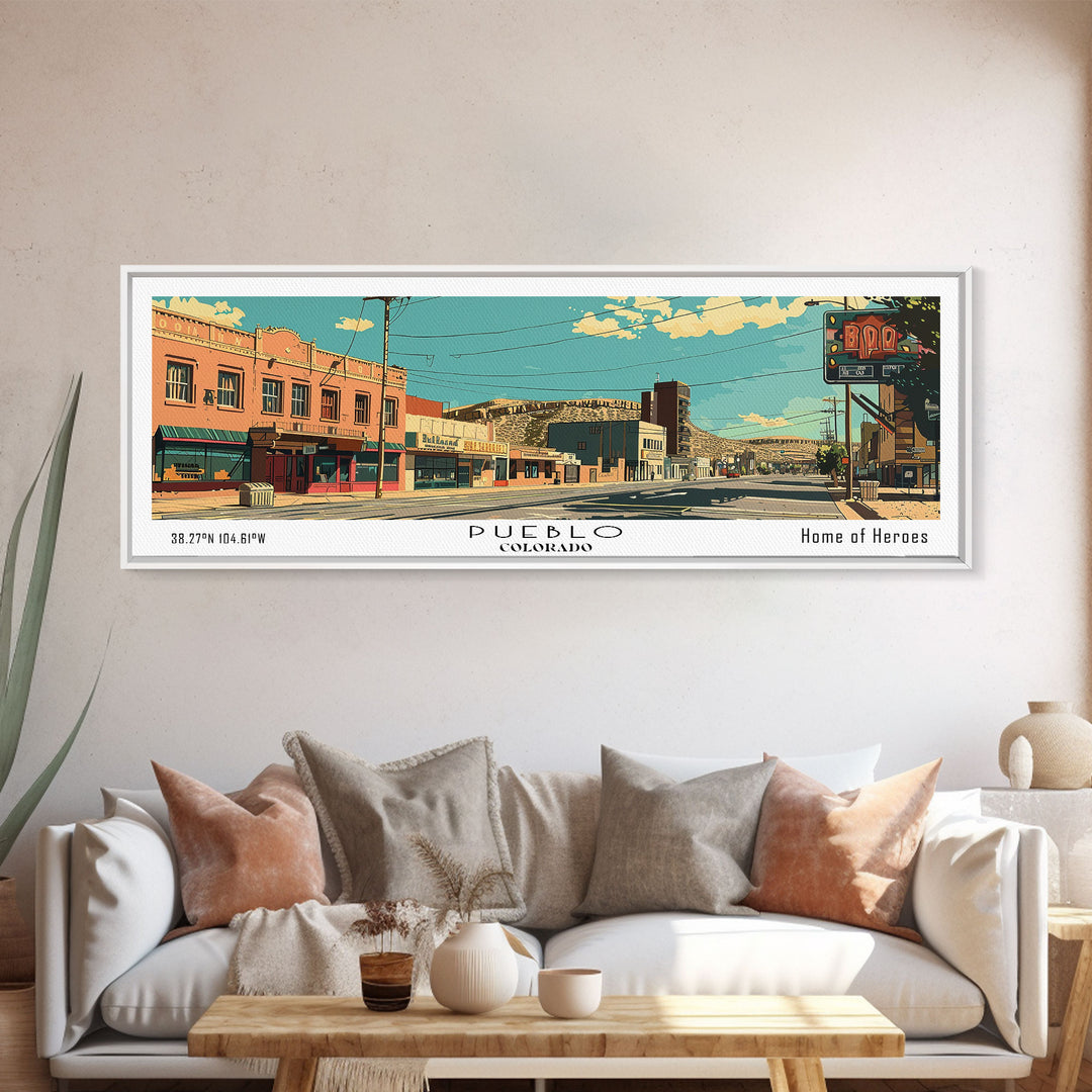 Pueblo Colorado Panoramic Wall Art, Mid Century Modern Framed Canvas Print, Retro Pop Art Travel Poster, City Art, Office Wall Decor, Living Room Art