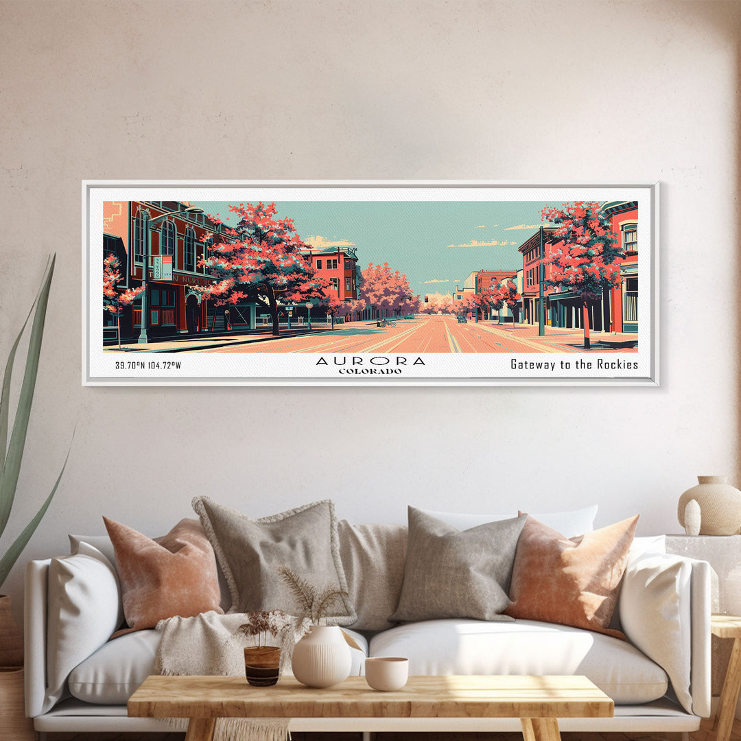 Aurora Colorado Panoramic Painting, Framed Canvas Print, Mid Century Modern Wall Art, Retro Pop Art Travel Poster, Office Decor, City Art