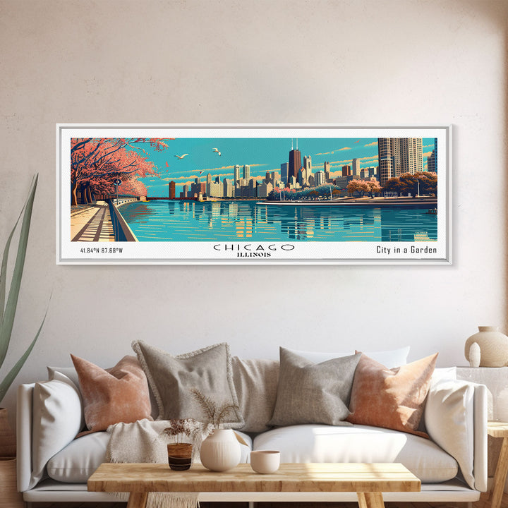 Chicago Illinois Panoramic Painting, Framed Canvas Print, Mid Century Modern Wall Art, Retro Pop Art Travel Poster, Office Decor, City Art