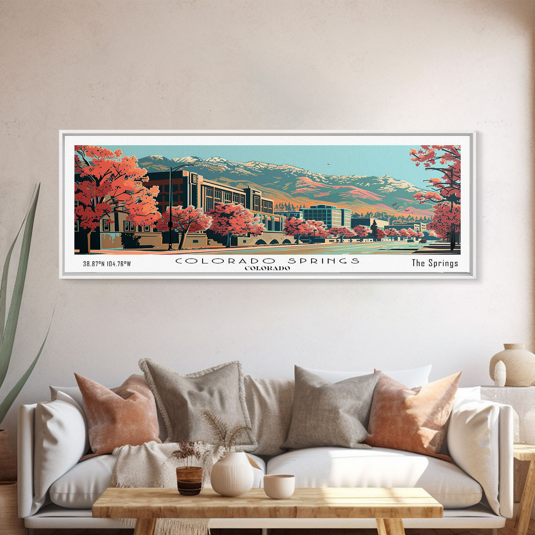 Colorado Springs Colorado Panoramic Painting, Framed Canvas Print, Mid Century Modern Wall Art, Retro Pop Art Travel Poster, Office Decor, City Art
