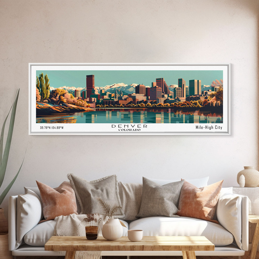 Denver Colorado Panoramic Painting, Framed Canvas Print, Mid Century Modern Wall Art, Retro Pop Art Travel Poster, Living Room Decor, City Art