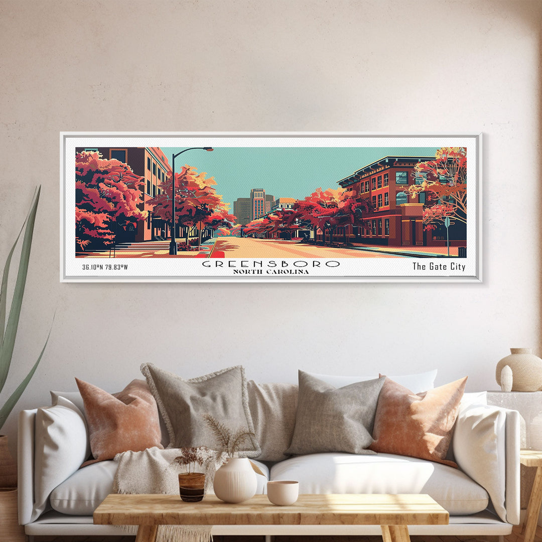 Greensboro North Carolina Panoramic Wall Art, Mid Century Modern Framed Canvas Print, Retro Pop Art Travel Poster, City Art, Living Room Decor, Home Office Decor