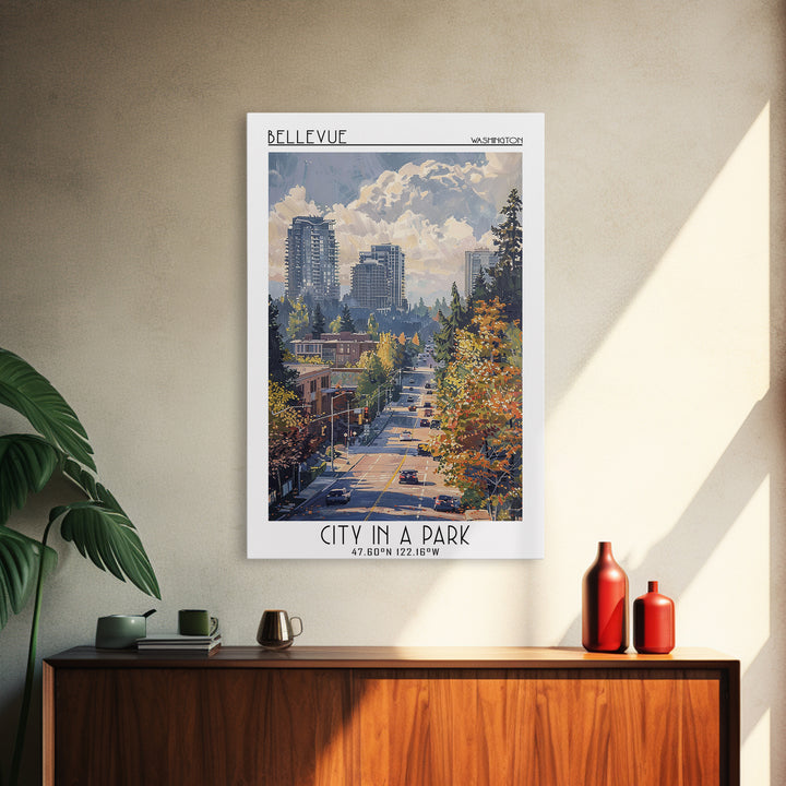 Bellevue Travel Poster, Framed Canvas Print, City Art Print, Travel Wall Art, Vintage Travel, Travel Art Print, Mid Century Wall Art