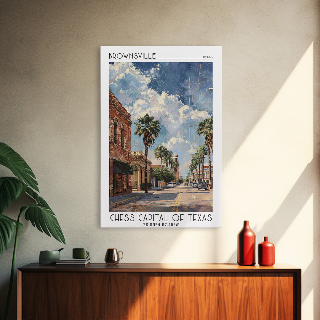 Brownsville Travel Poster, Canvas Print, Retro Travel Poster, City Wall Art, Modern Wall Decor, Retro Wall Art, Watercolor Cityscape