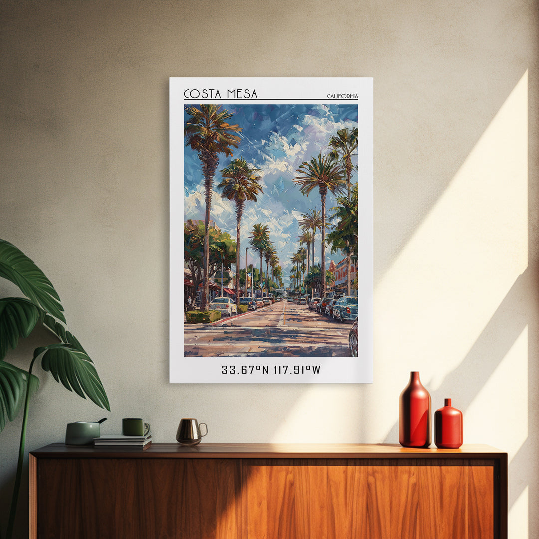 Costa Mesa Travel Poster, Framed Canvas Print, Travel Wall Art, City Wall Art, Home Office Decor, Retro Travel Poster, Landscape Art