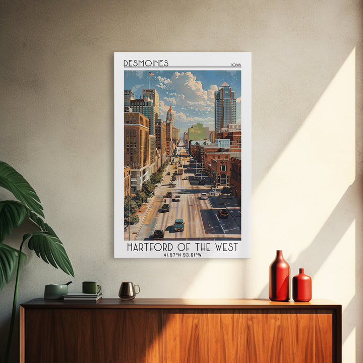 Des Moines Travel Poster, Framed Canvas Print, Travel Wall Decor, Minimalist Poster, Landscape Art, City Illustration, Travel Prints