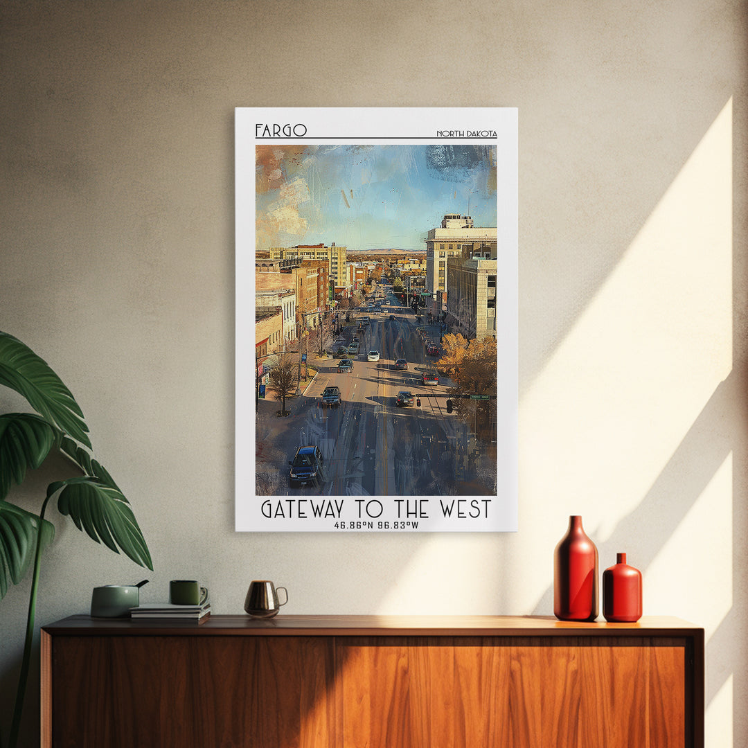 Fargo Travel Poster, Framed Canvas Print, Retro Travel Poster, City Wall Art, Travel Print, City Travel Poster, Watercolor Cityscape