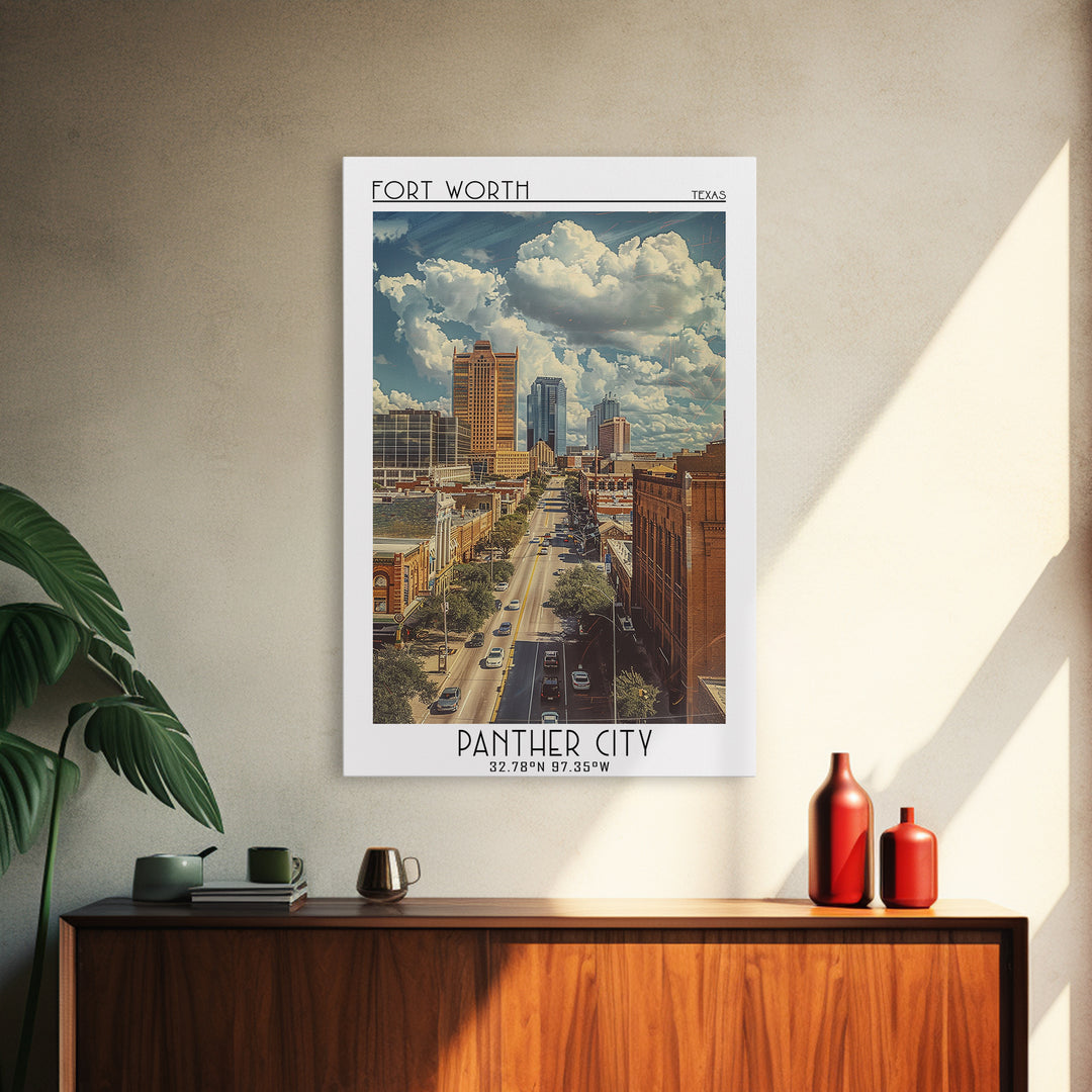 Fort Worth Travel Poster, Framed Canvas Print, Travel Wall Art, City Wall Art, Colorful Wall Art, City Illustration, Wanderlust Gift