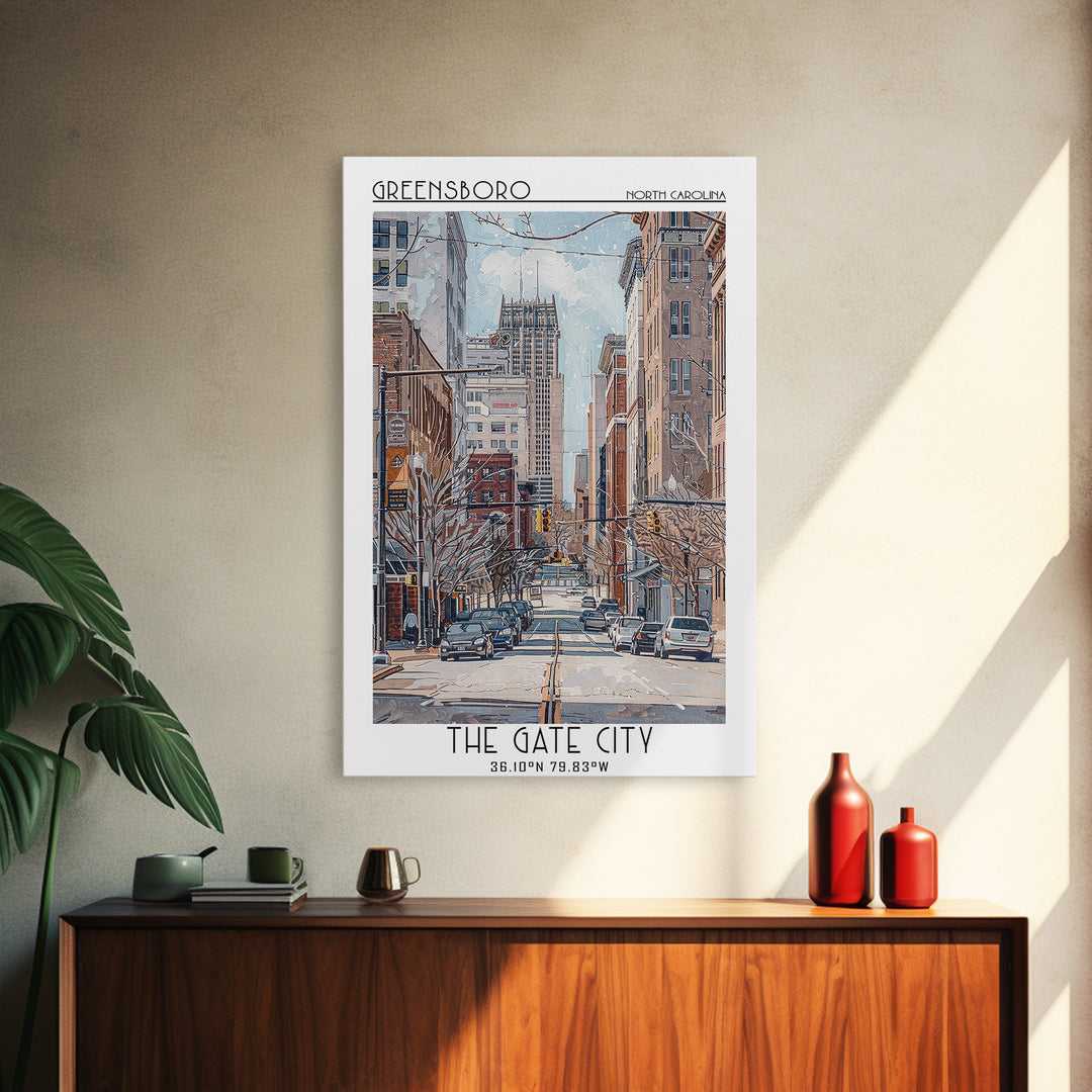Greensboro Travel Poster, Framed Canvas Print, Retro Wall Art, Travel Print, Vintage Travel, Vintage Travel Print, City Illustration