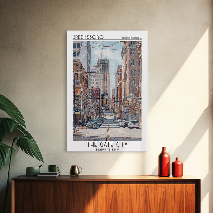 Greensboro Travel Poster, Framed Canvas Print, Retro Wall Art, Travel Print, Vintage Travel, Vintage Travel Print, City Illustration