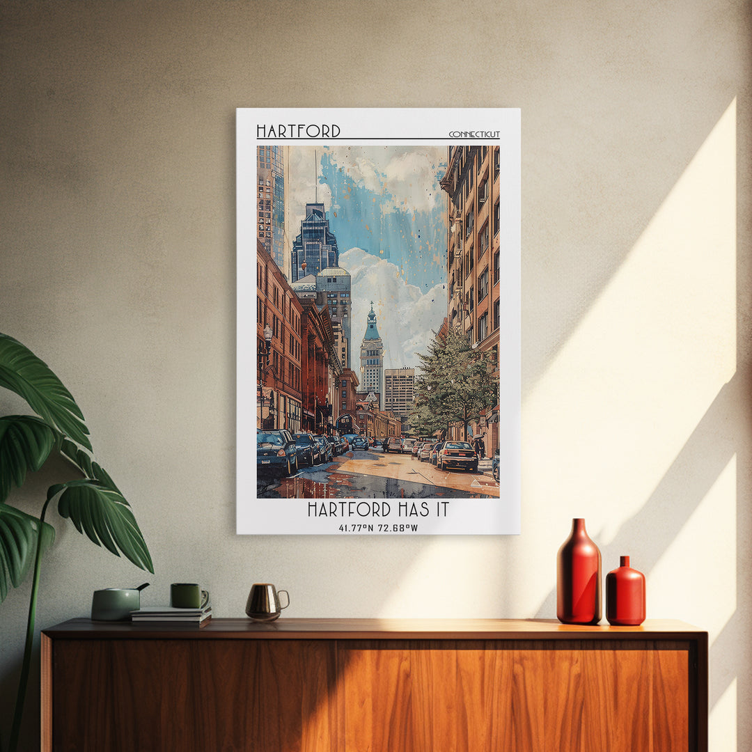 Hartford Travel Poster, Framed Canvas Print, Retro Travel Poster, City Wall Art, Vintage Travel Print, Poster Print, Wanderlust Gift
