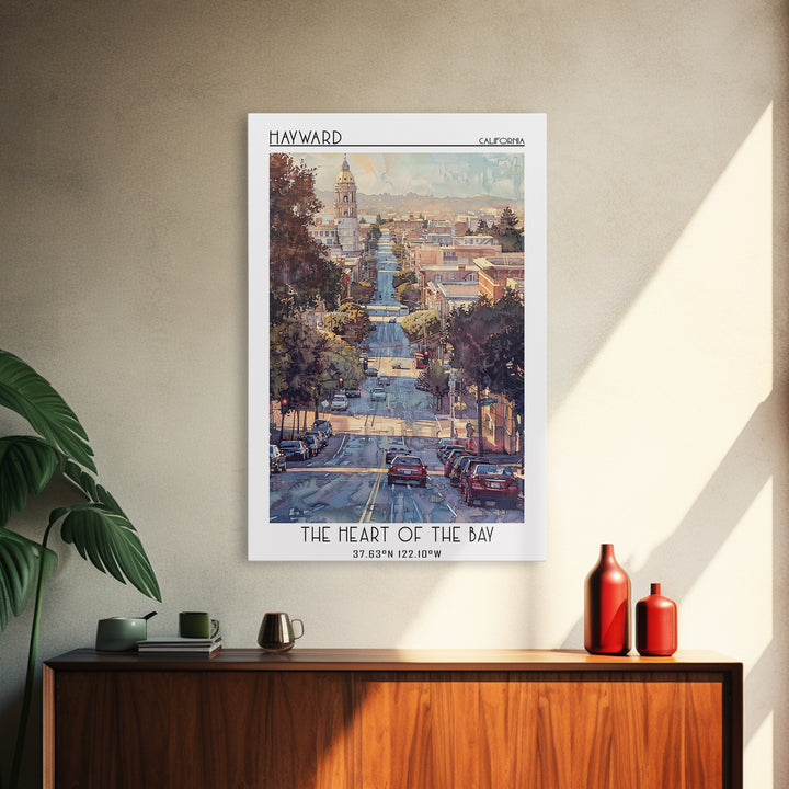 Hayward Travel Poster, Framed Canvas Print, City Travel Poster, Travel Wall Art, Retro Wall Art, Watercolor Cityscape, City Wall Art