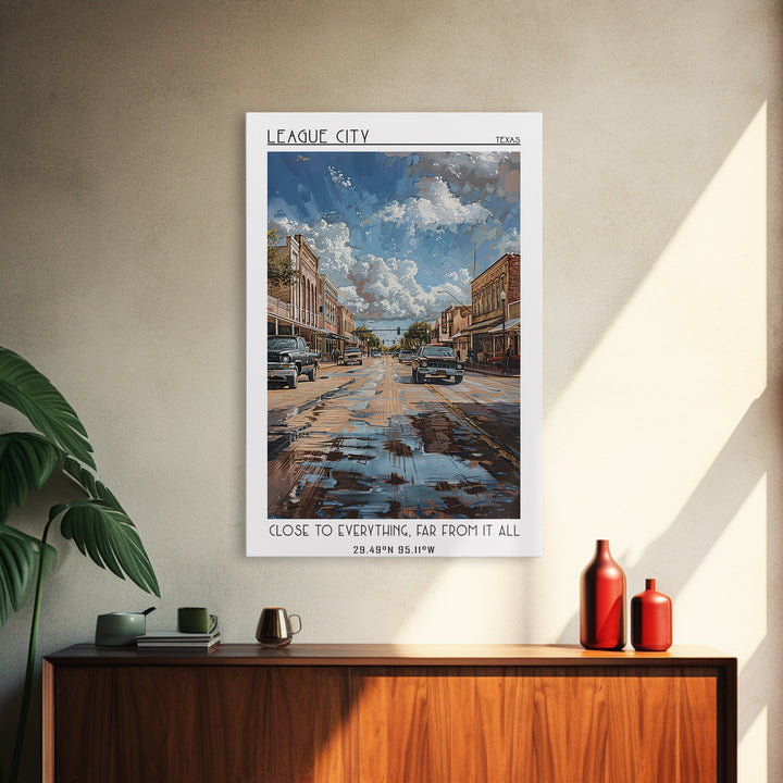 League City Travel Poster, Framed Canvas Print, Travel Art Print, Modern Wall Decor, Home Decor, Mid Century Wall Art, Landscape Art