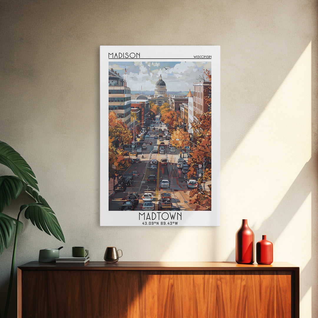 Madison Travel Poster, Framed Canvas Print, Travel Wall Art, City Wall Art, Retro Travel Print, City Art Print, Living Room Wall Art