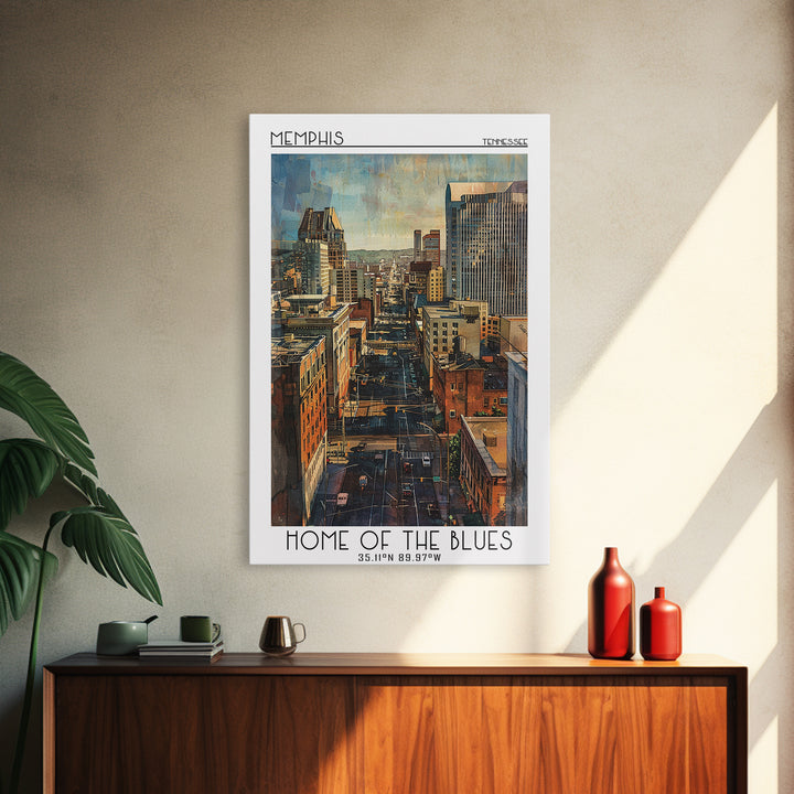 Memphis Travel Poster, Framed Canvas Print, City Art Print, Travel Wall Art, Travel Print, Watercolor Cityscape, Retro Travel Poster