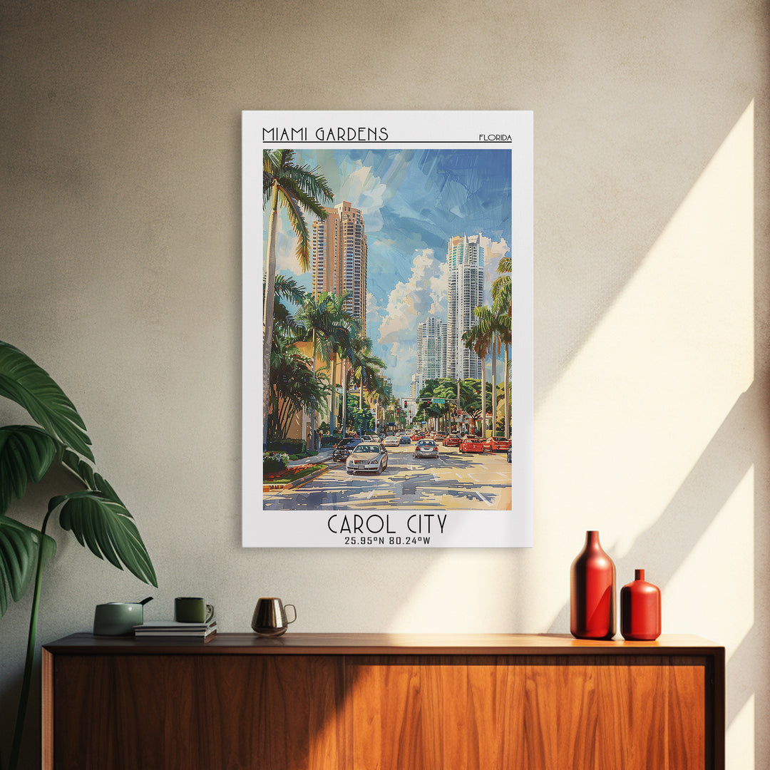 Miami Gardens Travel Poster, Canvas Print, Retro Wall Art, Travel Print, Retro Travel Print, Watercolor Cityscape, Home Office Decor