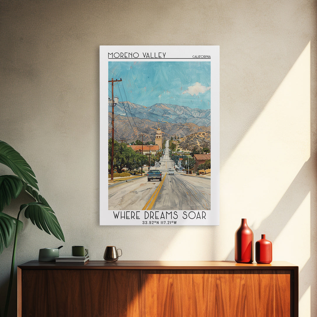 Moreno Valley Travel Poster, Framed Canvas Print, City Art Print, Travel Wall Art, Wall Art, City Travel Poster, Retro Travel Poster