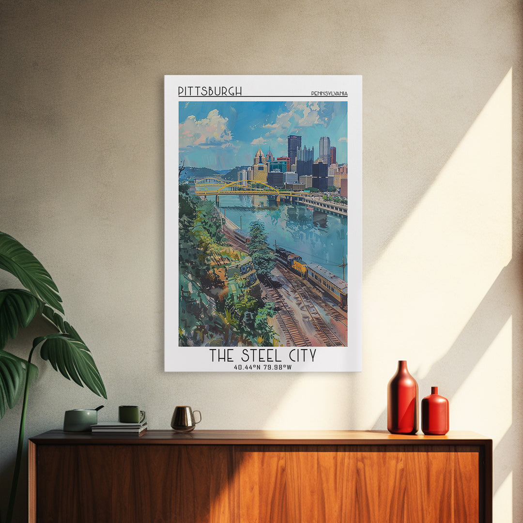 Pittsburgh Travel Poster, Canvas Print, Travel Wall Art, City Wall Art, Retro Travel Print, Retro Travel Poster, Vintage City Poster