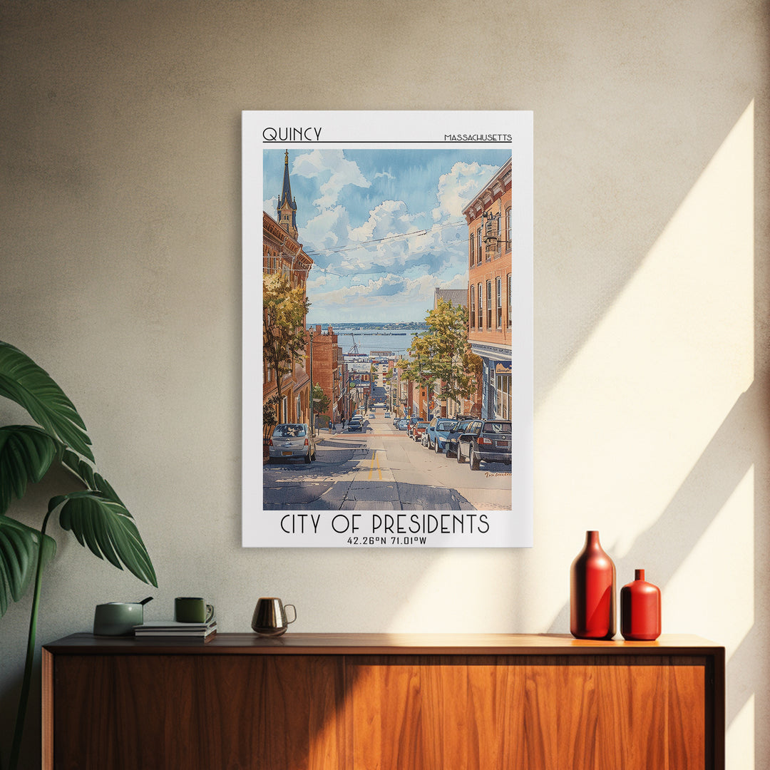 Quincy Travel Poster, Framed Canvas Print, City Travel Poster, Vintage City Poster, Travel Art Print, Landscape Art, Travel Wall Art