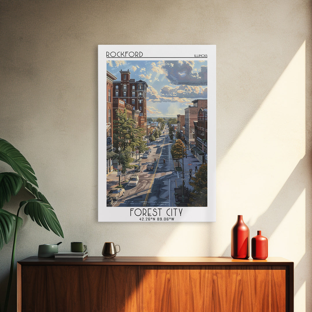 Rockford Travel Poster, Framed Canvas Print, Travel Wall Decor, Minimalist Poster, Travel Wall Art, Travel Prints, City Illustration