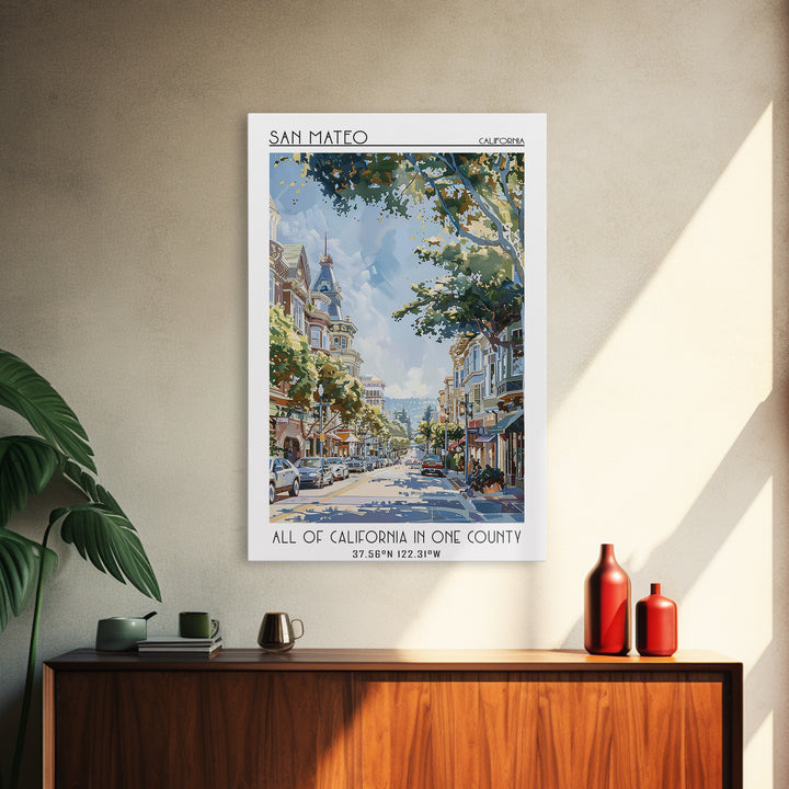 San Mateo Travel Poster, Canvas Print, Retro Wall Art, Travel Print, Fine Art Print, Watercolor Cityscape, Poster Art, Landscape Art