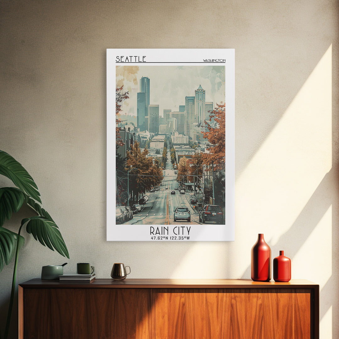 Seattle Travel Poster, Framed Canvas Print, Travel Wall Decor, Minimalist Poster, Landscape Art, Travel Posters, Retro Travel Poster