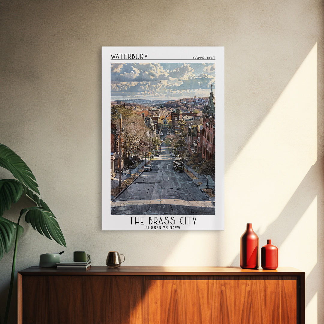Waterbury Travel Poster, Framed Canvas Print, City Art Print, Travel Wall Art, Gallery Wall Set, Landscape Art, Living Room Wall Art