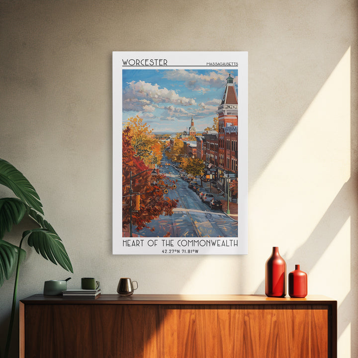 Worcester Travel Poster, Canvas Print, City Art Print, Travel Wall Art, Mid Century Wall Art, Gallery Wall Set, Living Room Wall Art