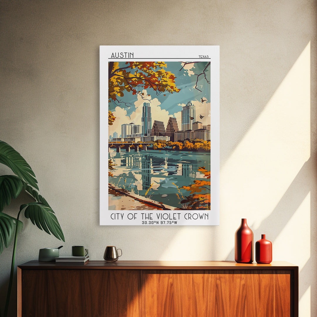Austin Texas Travel Poster, Framed Canvas Print, City Travel Poster, Vintage City Poster, City Art Print, Poster Art, Vintage Poster