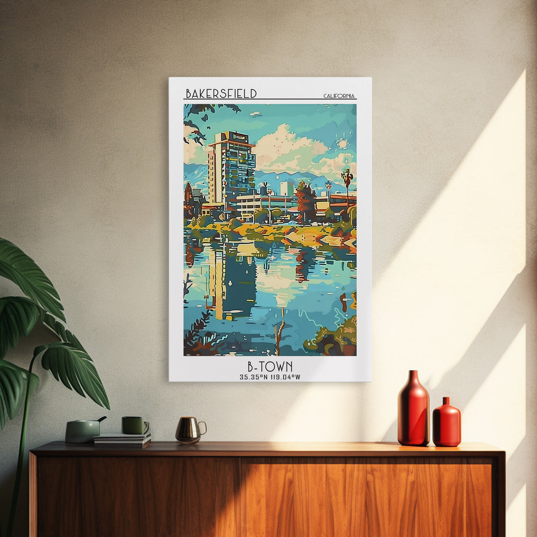 Bakersfield Travel Poster, Framed Canvas Print, Travel Prints, Landscape Art, Retro Wall Art, Vintage Travel Art, City Travel Poster