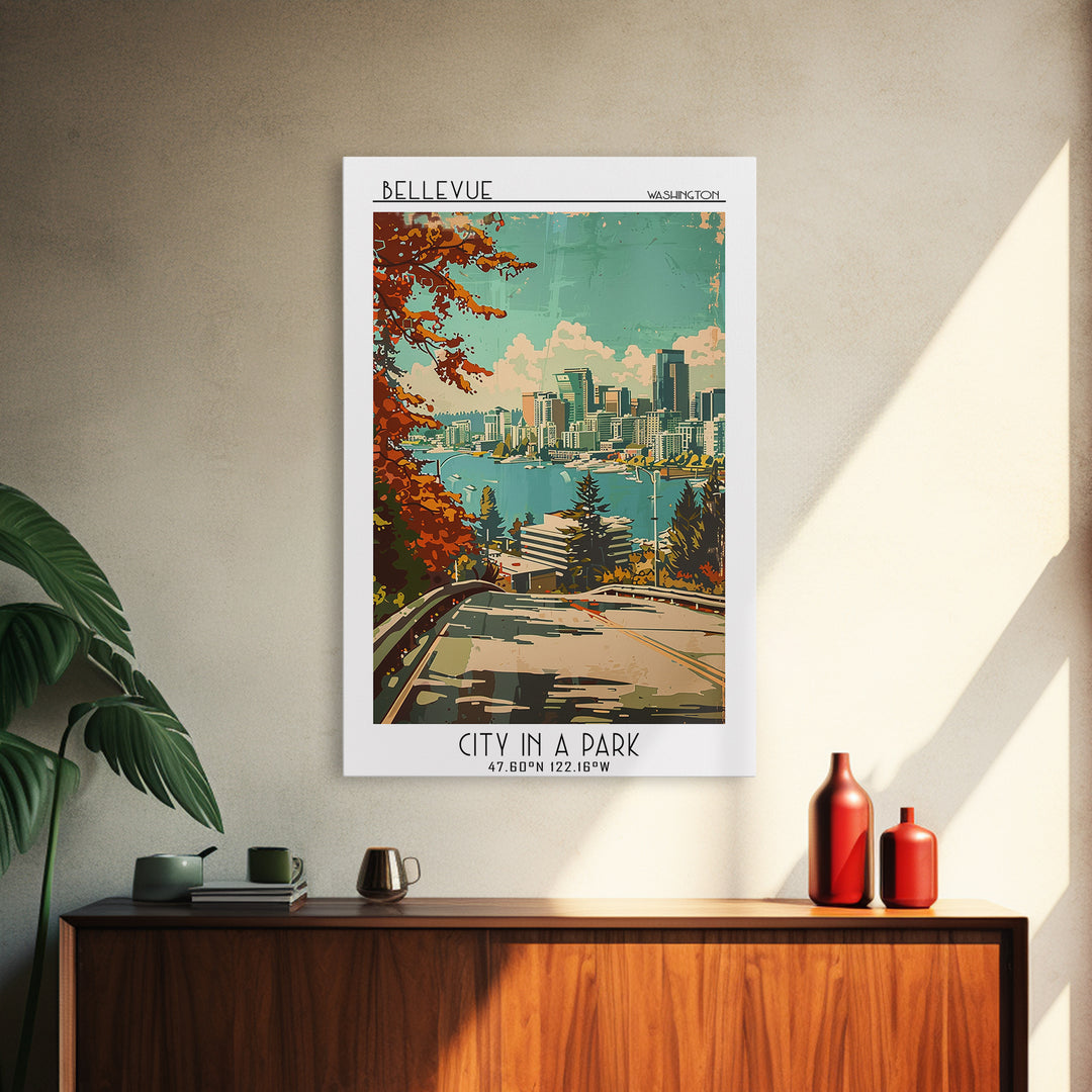 Bellevue Travel Poster, Framed Canvas Print, Retro Wall Art, Travel Print, City Travel Poster, Colorful Wall Art, Retro Travel Print
