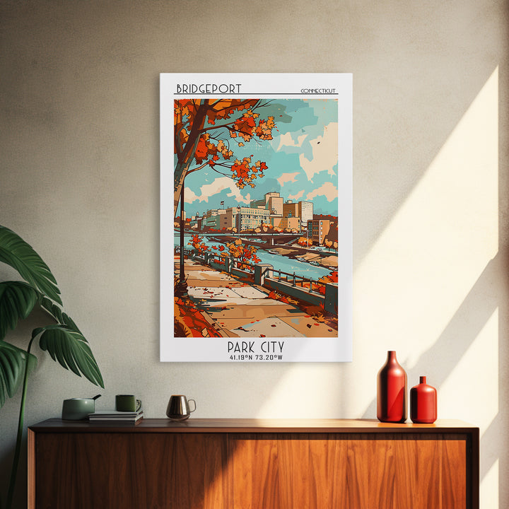 Bridgeport Travel Poster, Framed Canvas Print, City Art Print, Travel Wall Art, Art Print, Retro Travel Poster, Mid Century Wall Art