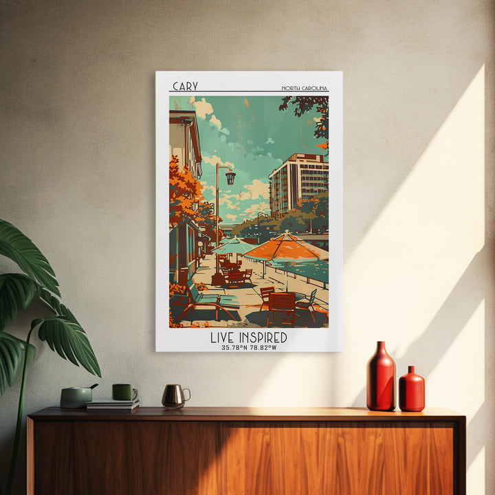 Cary North Carolina Travel Poster, Framed Canvas Print, Retro Wall Art, Travel Print, Art Print, Home Office Decor, Travel Art Print