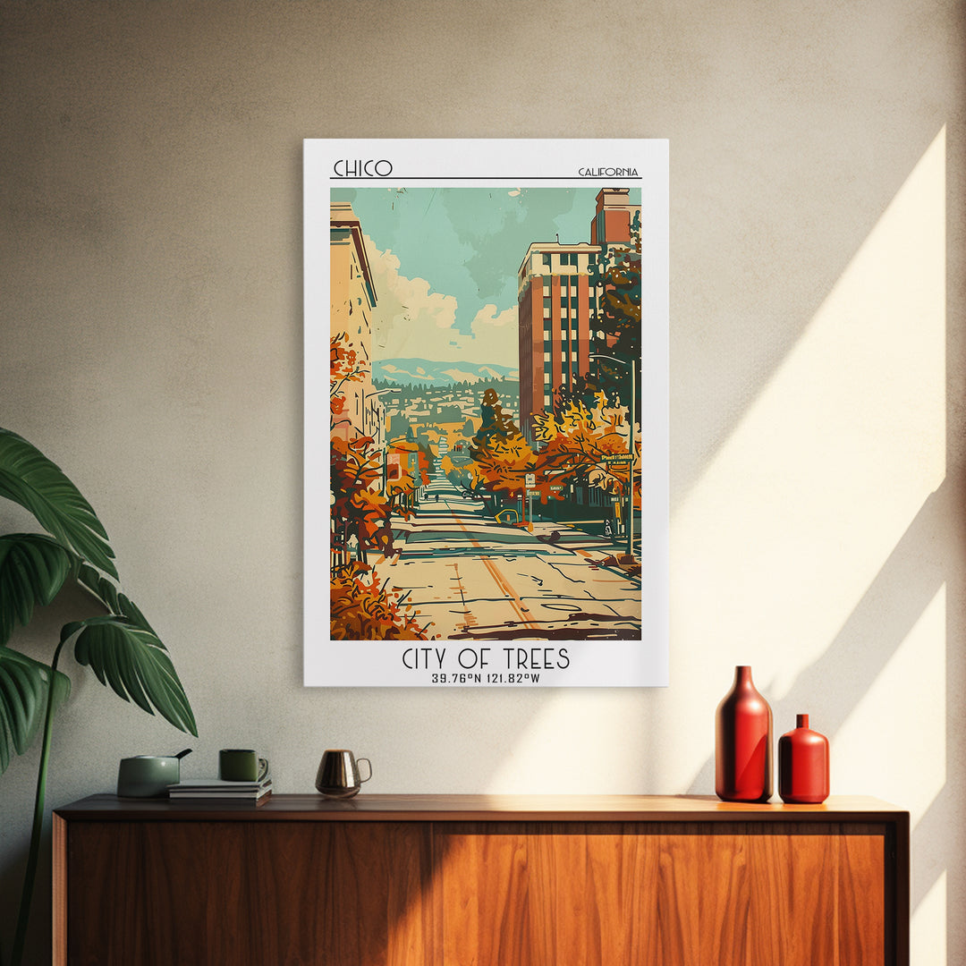 Chico California Travel Poster, Framed Canvas Print, Travel Art Print, Modern Wall Decor, Poster Art, Retro Wall Art, Travel Posters