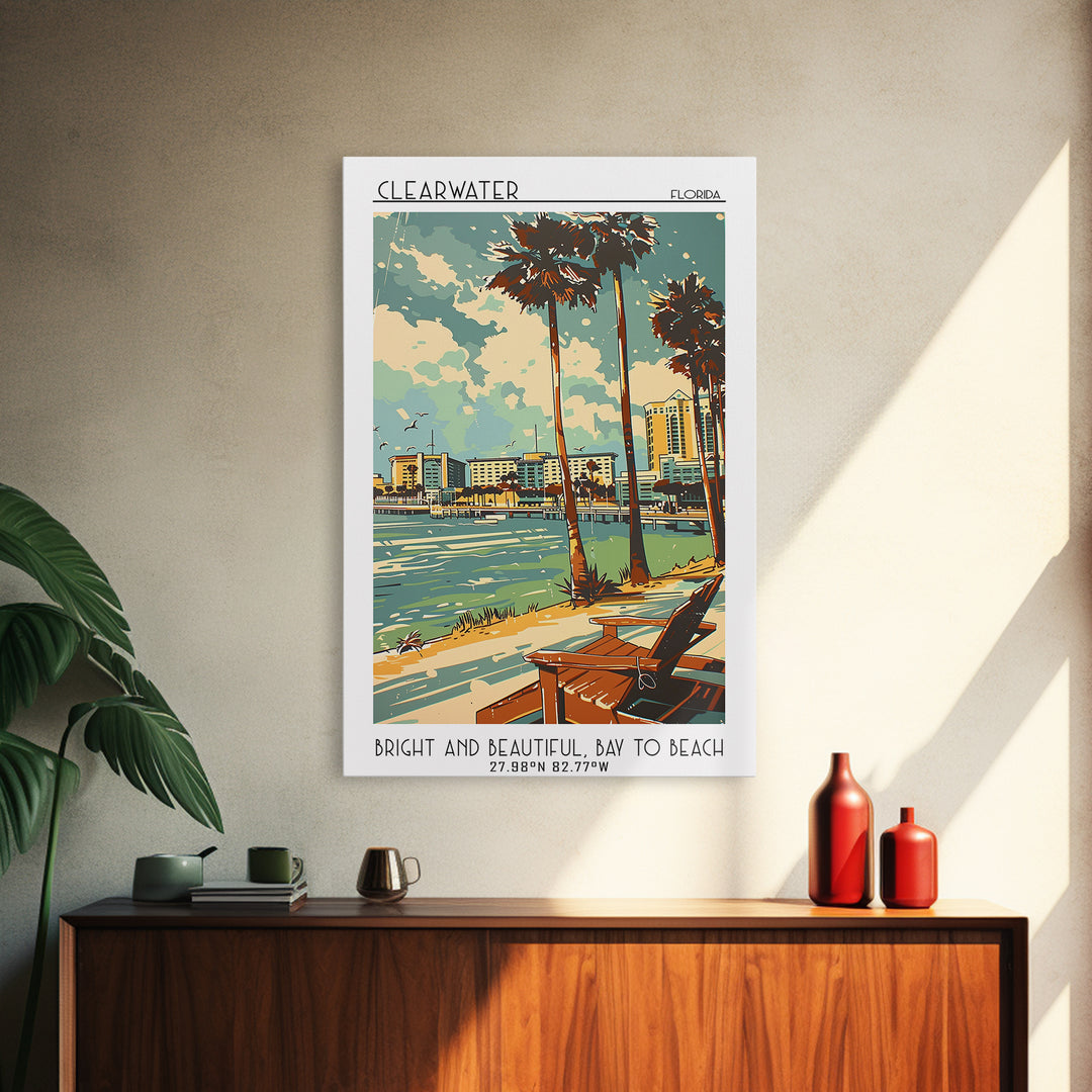 Clearwater Florida Travel Poster, Framed Canvas Print, City Travel Poster, Travel Wall Decor, Travel Art Print, Mid Century Wall Art
