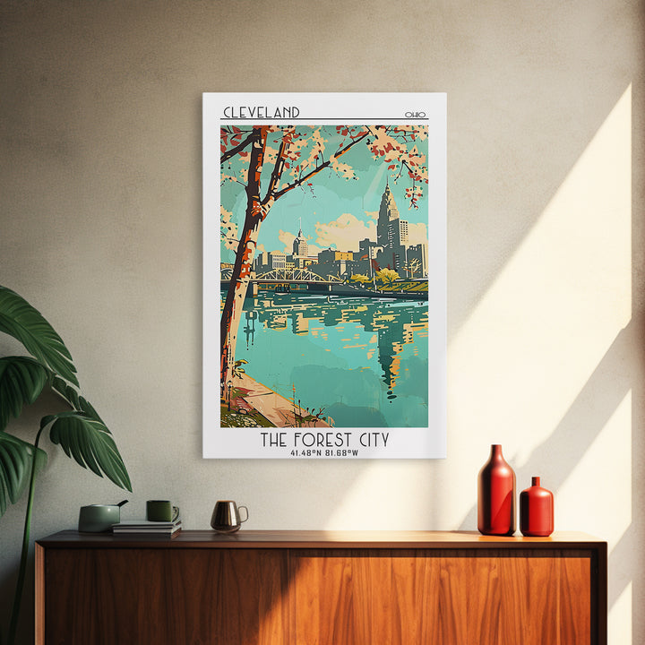 Cleveland Travel Poster, Framed Canvas Print, Travel Wall Decor, Minimalist Poster, Retro Wall Art, Travel Decor, Retro Travel Print