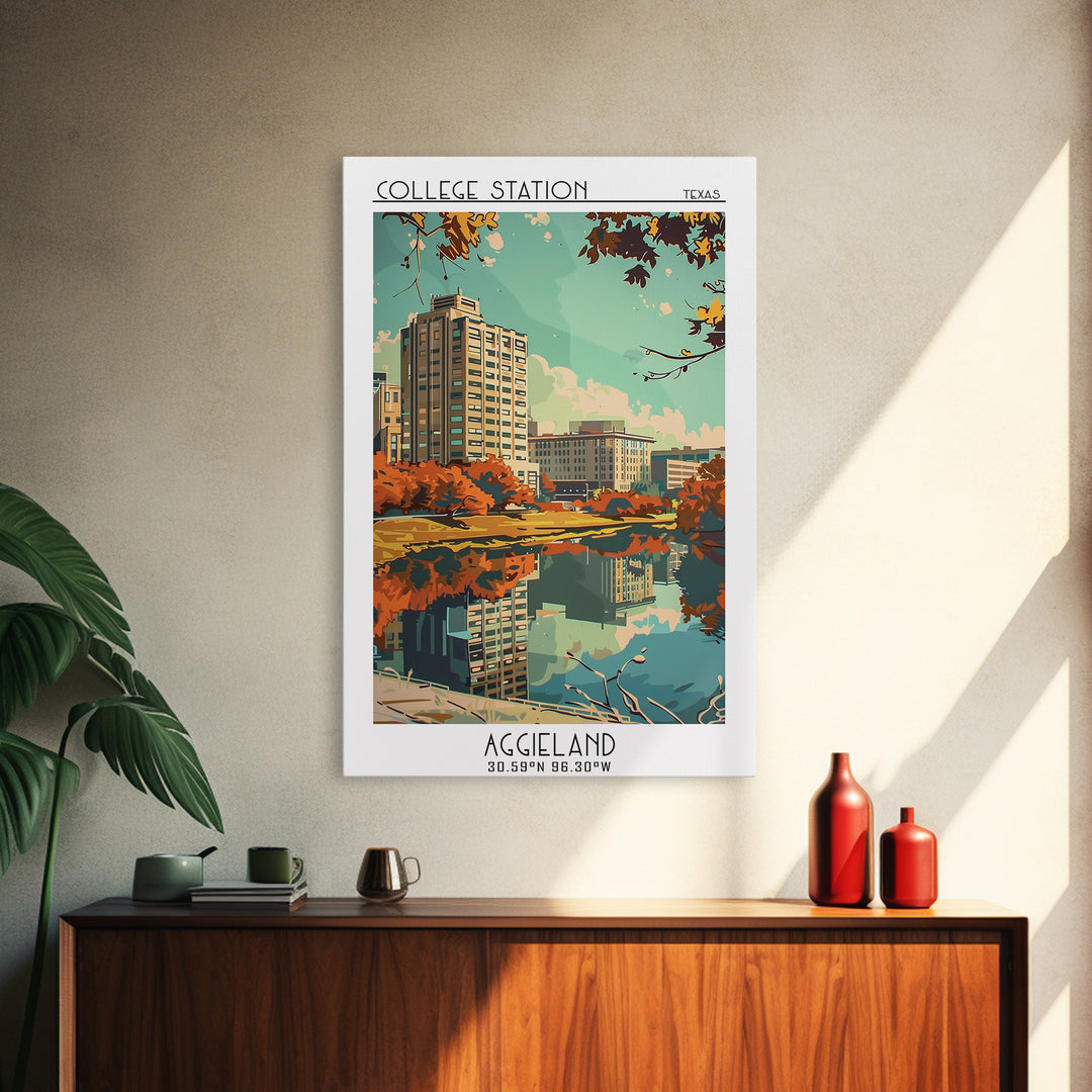 College Station Texas Travel Poster, Framed Canvas Print, Travel Prints, Landscape Art, Poster Art, Wanderlust Gift, Vintage Posters
