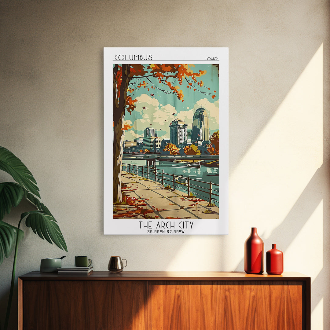 Columbus Ohio Travel Poster, Framed Canvas Print, Travel Art Print, Modern Wall Decor, Colorful Wall Art, Wanderlust Gift, Art Print