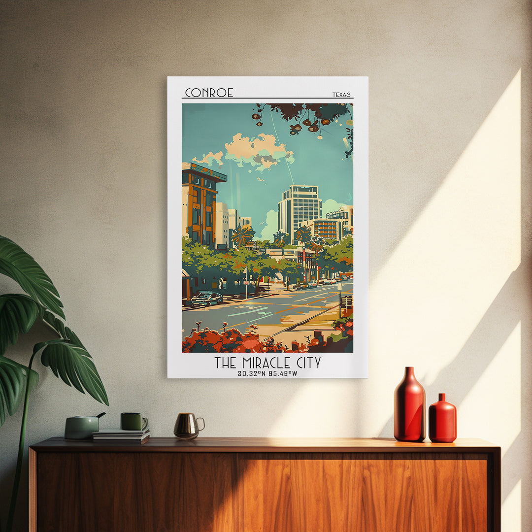 Conroe Travel Poster, Canvas Print, Travel Wall Art, City Wall Art, Fine Art Print, Colorful Wall Art, Wall Art, Retro Travel Poster