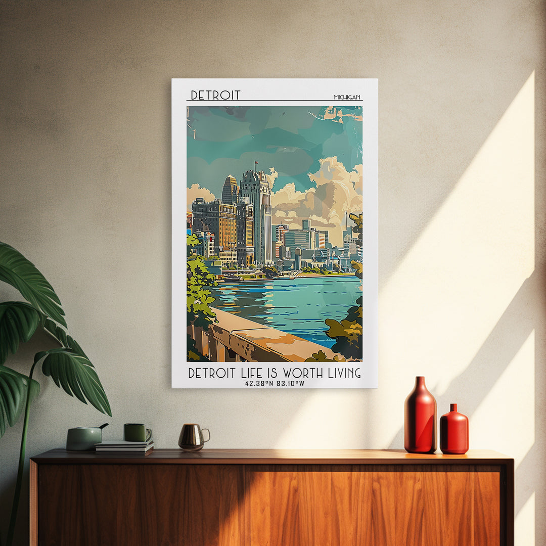 Detroit Michigan Travel Poster, Framed Canvas Print, Retro Travel Poster, City Wall Art, Travel Wall Art, Poster Print, Travel Decor