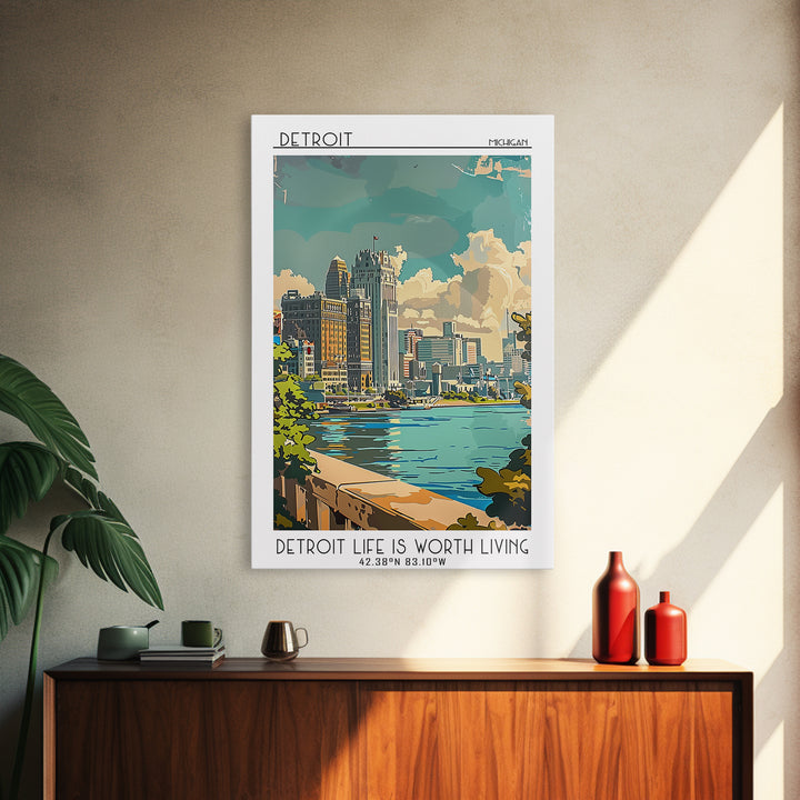 Detroit Michigan Travel Poster, Framed Canvas Print, Retro Travel Poster, City Wall Art, Travel Wall Art, Poster Print, Travel Decor