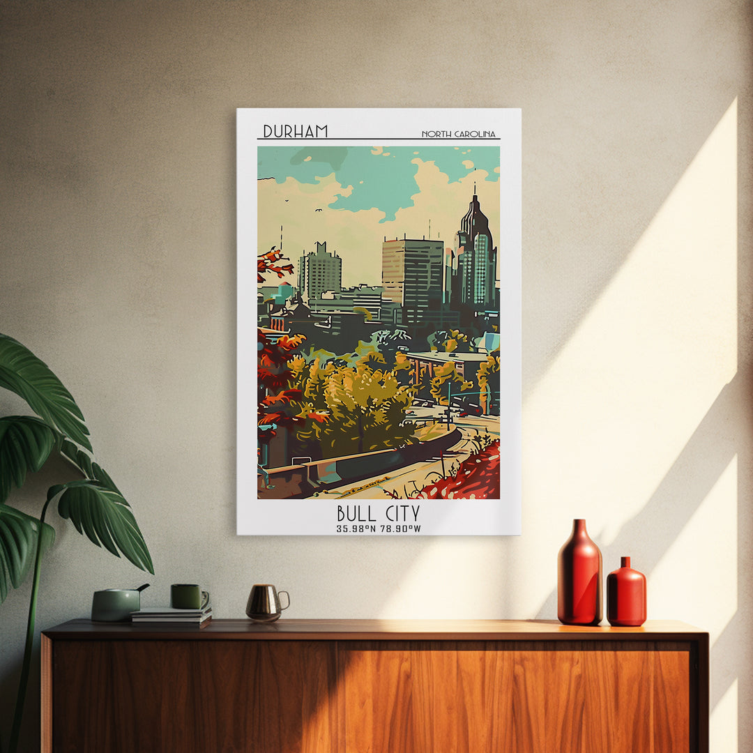 Durham Travel Poster, Framed Canvas Print, Travel Wall Art, City Wall Art, Watercolor Cityscape, Modern Wall Decor, Gallery Wall Set